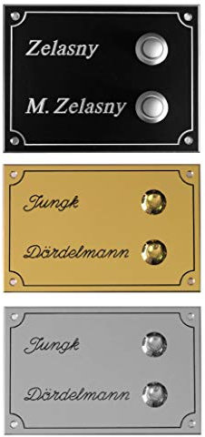 Doppel-Klingelschild-Klingel-Türschild-Schild-120 x 90 mm-Messing poliert-Messing matt-Aluminium schwarz-Ohne, oder mit Gravur (343-2 Aluminium s mit 2 Klingeln + 2 Zeilen Gravur)
