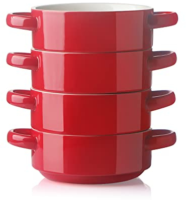 Sweejar Ceramic Soup Bowls with Double Handles, 20 Oz Stacked Bowls for French Onion Soup, Cereal, Pot Pies, Stew, Chill, Pasta, Set of 4 (Red)