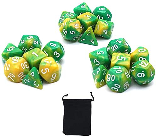 DollaTek Polyhedral Dice Set bordsspel tärning 3 uppsättningar tärningar 3 x 7 (21 stycken) tärningsserie D20 D12 D10 D8 D6 D4 DND tärning DND RPG MTG dubbelfärger ett stycke (gul och grön)