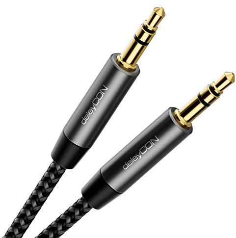 deleyCON 1m Nylon 3,5mm Klinke Audio Stereo AUX Kabel Klinkenkabel Audiokabel Nylonkabel Metallstecker Handy Smartphone Tablet Kopfhörer HiFi Receiver - Schwarz