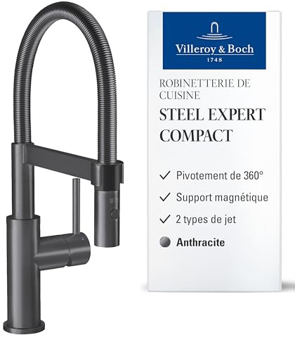 Villeroy & Boch Steel Expert Compact Küchenarmatur, Hochdruck, Wasserhahn Küche mit Umschaltfunktion und schwenkbarem Auslauf, Spültischarmatur wassersparend, Auslauf Höhe 143mm, Anthracite