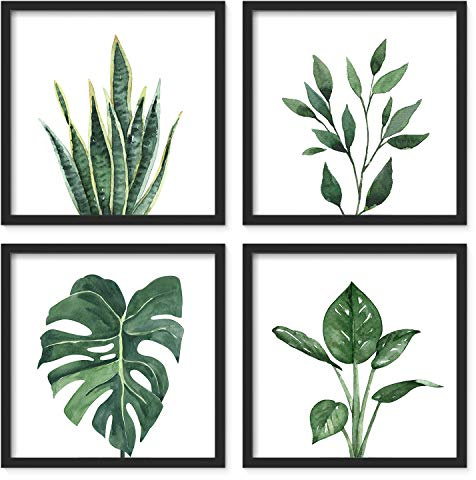 ArtbyHannah Framed Botanical Bathroom Wall Art Decor, 10x10 Inch 4 Pack Acrylic Sage Green Prints Set, for Spa & Farmhouse Decor for Bath, Restroom, Bedroom, Office Minimalist Decoration (Black)