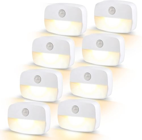 LED-nattlampa med rörelsedetektor, 8 stycken små nattlampor för barn, trappbelysning med rörelsedetektor, för användning inomhus, batteridrivna, automatisk på/av, sensorljus för hall, badrum, sovrum, toalettljus