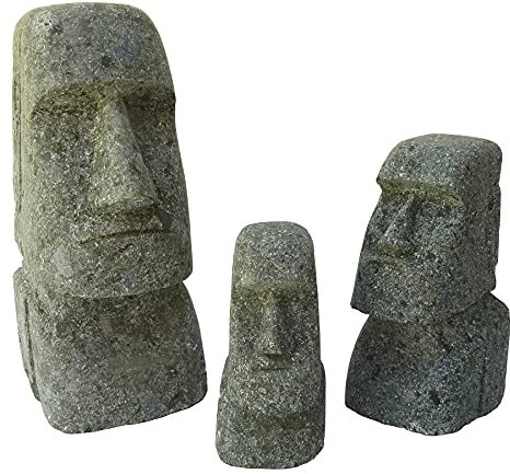 STONE art & more 3er Set Moai Osterinsel Kopf Statue Rapanui 15, 20 & 30cm Steinfigur Lavastein handgefertigt Gartendeko frostfest