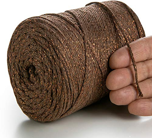 MeriWoolArt® Metallische Makramee Garn 2mm x 225m Farbig für Schnur Schmuckherstellung, Makramee Accessoires Schmuck - Boho Makramee Seil Garn - Glanz Lurex Recyceltes Baumwollgarn (Lurex Hellbraun)