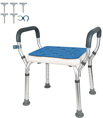 Duschhocker für Senioren Duschstuhl Höhenverstellbar Badhocker mit Armlehnen und Gepolstertem, Rutschfester Duschsitz Badsitz Aluminium Duschbank Duschhilfe für Senioren, Schwangere, Behinderte (A)