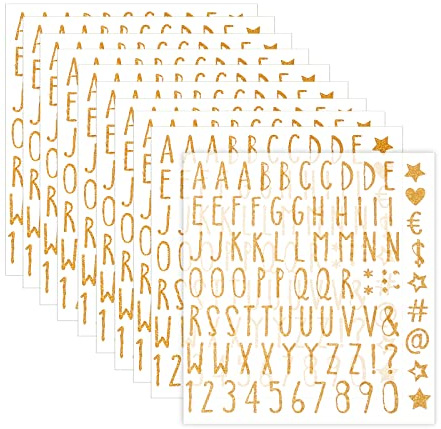 AIEX 10 Bögen Goldene Buchstaben Aufkleber Glitzer, Glitzer Alphabet Aufkleber Gold Selbstklebend Zahlenaufkleber Abziehbilder für Heimwerkerarbeiten Scrapbook Brief Grußkarte Laptop