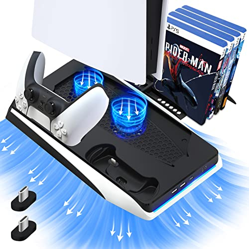PS5 Ständer Zubehör mit Kühler Lüfter und Doppel Controller Ladegerät, Black Lading Dock Holder PS5 Ladestation Zubehör vertikale Digitale Standfuß für PlayStation 5 Console/Disc/Digital Editions