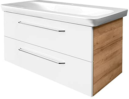 FACKELMANN Milano Badmöbel Set 2 Teile – Waschtisch mit Unterschrank fürs Bad – Waschbeckenunterschrank mit Schubladen in Weiß mit Holz braun – Badschrank hängend – 100 cm breit