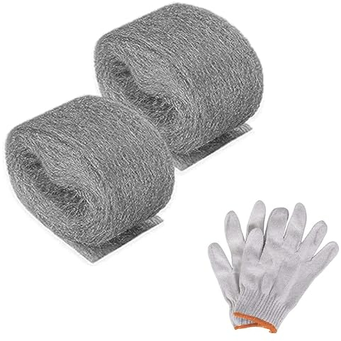 2 Pack Steel Wool Mice - 0000 Rodent Control Gaps Blocker Stainless Coarse Wire Wool Fill Fabric DIY Kit, Easy to Use Stop Rats and Mice Insect Pest, Includes Work Gloves.(3m/roll) (2 Pack)