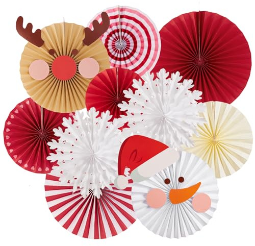 SUNBEAUTY 10 Stück Papier Fächer Weihnachtsstern Dekorpapier Elch Weihnachtsmann Dekoration Hanging Rot Weiß Papierfächer Party Deko für Hochzeit Geburtstag Tischdeko Weihnachtsdeko
