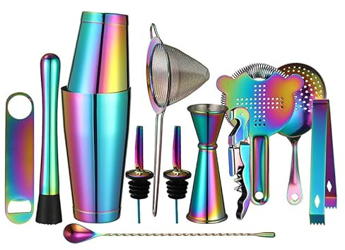 Ensemble shaker à cocktail – Kit d'accessoires de bar 13 pièces avec shaker Boston lesté, passoire, doseur, pilon, cuillère à mélanger et plus encore – Outils de barman, accessoires pour barman,
