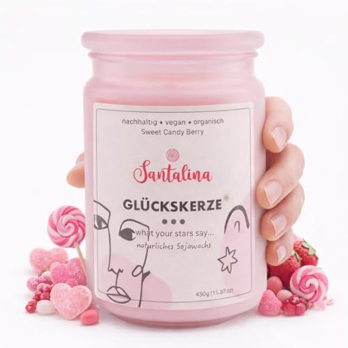 Santalina Glückskerze Duftkerze mit versteckter Botschaft – Sweet Candy Berry, 450 g Sojawachs im Glas, Holzdocht mit Knistern, Aromatherapie Kerze, Geschenk für Frauen