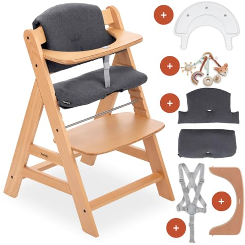 Hauck Kinder Hochstuhl Alpha+ inkl. Play Tray Basis, Spielring Catching & Sitzpolster - Mitwachsender Babystuhl aus Holz, Kinderhochstuhl ab 6 Monate, verstellbar - Natur