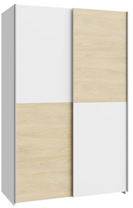 FORTE Möbel Schach und Matt er Kleiderschrank 120, Schwebetürenschrank mit 2 Türen und Einlegeböden, Holzwerkstoff, Puccini Eiche Dekor, Weiß, 120,1 cm breit, 190,5 cm hoch, 61,2 cm tief