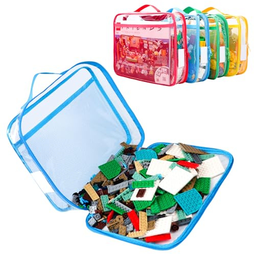 Tesuko 4 Pack Toy Storage Organizer Bag for Lego Bricks, Clear PVC Zippered Blocks Set with Manual Pocket& Name Tag, Waterproof Toy Carrying Case for Board Games& Building Blocks (Large, Colorful)