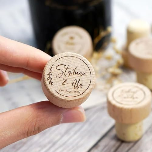 HDLOVE 10 Stück Personalisierter Weinstopfen Aus Holz, Personalisierte Gravierte Holz-Weinstopfen Mit Namen/Text/Logo, Hochzeitsdekoration, Personalisierte Gastgeschenke Hochzeitsgeschenk