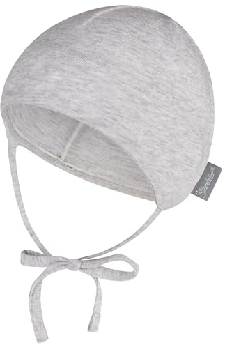 Sterntaler OCS Beanie Melange – Unisex Baby Mütze mit angeschnittenen Ohrenklappen & Bindeband – aus Melange-Singlejersey (Bio), doppellagig – Übergangsmütze ab Geburt – grau Melange, Gr. 37