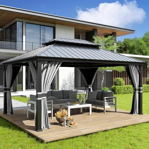 Amopatio 3,65 x 4,85 m trädgårdspaviljong vattentät stabil vintersäker hård topp paviljong, galvaniserat stål, dubbeltak aluminium paviljong med myggnät och gardiner för trädgård, terrass, gräsmatta,