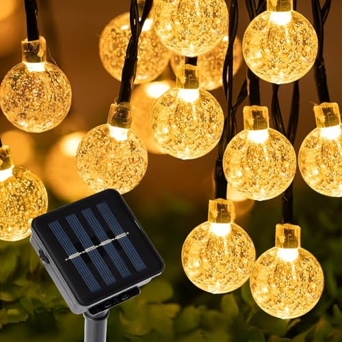 Solar Lichterkette Aussen 12M 100LED Kristall Kugel Lichterkette mit 8 Modi, IP65 Wasserdicht Beleuchtung, Solar Kugeln Lichterkette für Balkon Terassen Garten Weihnachten Hochzeiten