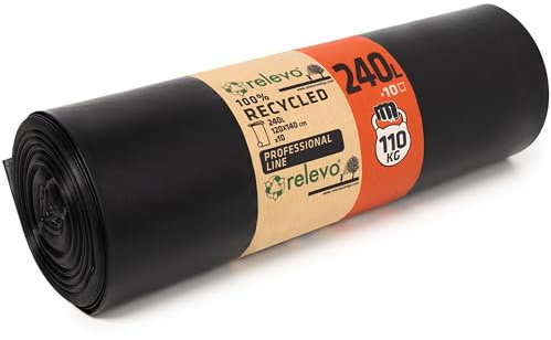 Relevo 240L Wheelie Bin Liners – 55 µm (Micron) Thick, Heavy Duty Garden Waste Bags, Reusable and Strong Black Bin Bags