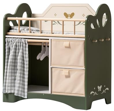 ROBUD Baby Dolls Cot, Wooden Doll Bed Toy with Wardrobe, Bedding, Storage & Hooks, Doll Crib Fits Dolls up to 22, Doll Accessories for Kids Age 3+ (Green)