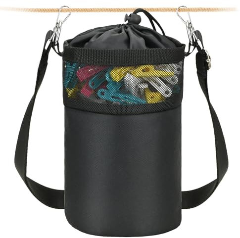 Mellbree Premium Peg Bag for Washing Line with Hanger, Black Peg Bag with Closing Cord and Shoulder Strap for Laundry Clothes Pegs, Indoor Outdoor Pegs Organizer Storage Use
