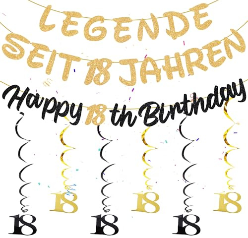 Girlande 18. Geburtstag Mädchen Junge - 42 Stücke Geburtstagsdeko Banner, Schwarz Gold Dekorationen Spiralen Hängedeko Happy 18th Birthday Hängende für Kinder Party