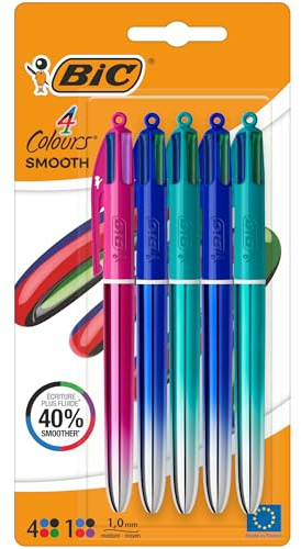 BIC 4 Colours Smooth Druckkugelschreiber mit mittlerer Spitze (1,00 mm) mit blau, blaugrün und pink schillernden Schäften – verschiedene Tintenfarben, Packung à 5