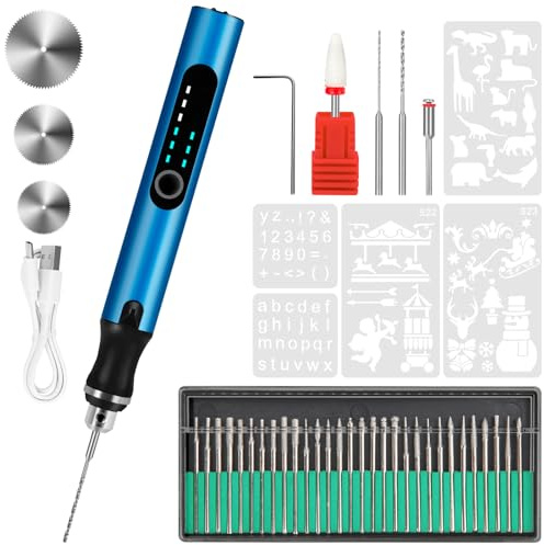 Bolígrafo de grabado con 37 puntas, mini grabador eléctrico, herramientas giratorias inalámbricas, grabadas, joyas, piedra, metal, plástico, madera, resina, modelo (azul)