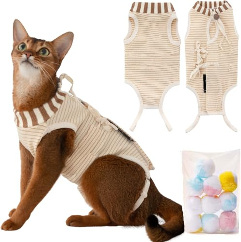 SUYUKU Katzen-Genesungsanzug für postoperative Pflege, Kätzchen, atmungsaktiver Body für alternative elisabethanische Kragen, Katzen, Einteiler, Chirurgie, Body, Pyjama, Kleidung (Braun, S)