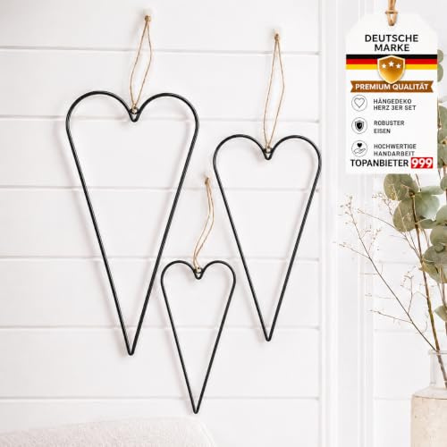 Deko Herz 3er Set Metall Hängedekoration Herzanhänger Schwarz Jute | Handgefertigt, 3 Größen 30–50 cm, lackiertes Eisen, Dekoanhänger für Fenster, Wand, Tür, Wanddekoration für Wohnzimmer