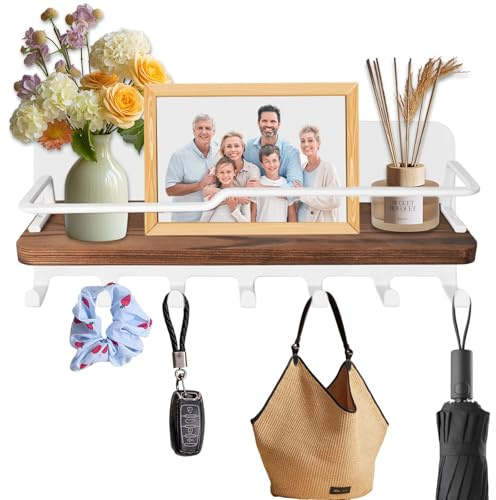 Schlüsselbrett Holz mit Ablage – Dekorativer Schlüsselhalter Wand mit 7 Haken, Praktische Schlüsselablage für Flur, Eingang, Wohnzimmer, Küche – Modernes Schlüsselboard zur Aufbewahrung (Weiß)