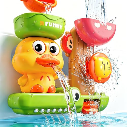 Badespielzeug Baby 1 2 3 Jahre mit 3 Saugnäpfen für extra stabilen Halt | Interaktives Wasserspielzeug mit Wasserrad & Gießkanne | Badewannenspielzeug Geschenk für Jungen & Mädchen