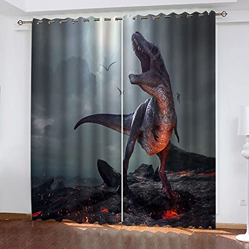 MAYNUO Blickdichte Vorhänge Mit Motiv 3D Rotes Magma Tier Dinosaurier Kinder Gardinen Ösen Gardine Thermo 280x160 cm Schlafzimmer Kinderzimmer Vorhange Dekoratives Muster, Verdunklungsvorhänge