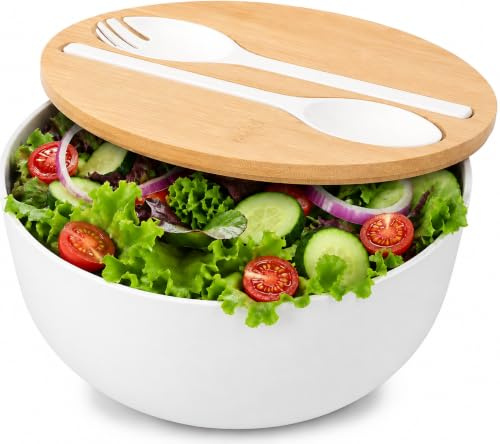 Eyoulife 3.9L Bamboo Salad Bowl Set with Lid and Servers, White | Large Bamboo Fibre Mixing Bowl with Grooved Lid, Spoon and Fork for Salads, Fruits, Pasta, Serving