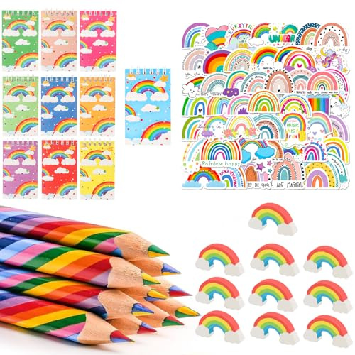 80Pcs Jeu Fournitures Scolaires Arc-en-ciel, Cadeau Anniversaire Enfant Arc-en-ciel, Avec Crayons Couleur, Spirale Bloc-notes, Gomme, Autocollants, pour Famille Salle Classe Learning Painting Supplies