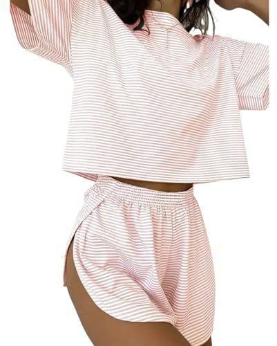 Generisch Essentials Pyjama-Sets, Shorts, Gestreifter Druck Zweiteilige Lounge-Sets, Nachtwäsche Mit Rundhalsausschnitt, Geteiltes Shorts-Set, Weicher Pyjama (Pink,S)