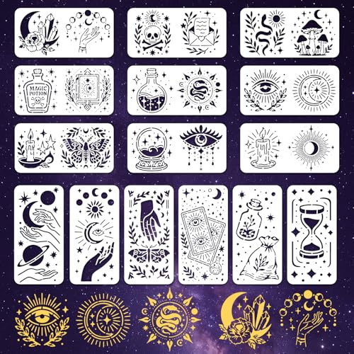 INFUNLY 15 Stück Zauber Divinations Wandschablone Zum Malen 3.9×7.87 Wiederverwendbare Wandschablonen Traumthema Malvorlage Kleine Vintage Wände Vorlage Für Basteln Zement Holzmöbel Schlafzimmer