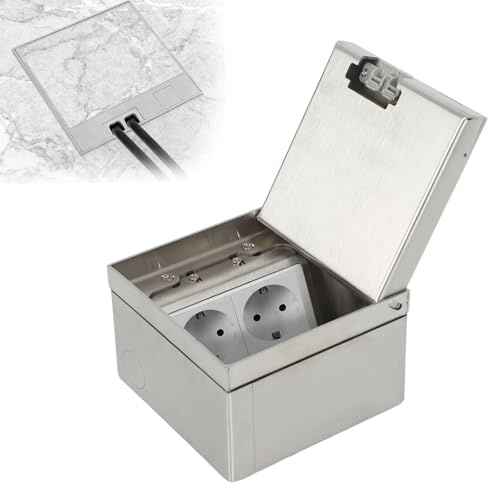 Bodentank Bodensteckdose Schwarz Einbausteckdose Wasserdichte Bodeneinbaudose mit 2AC, Versenkte Steckdose Edelstahl für Boden (Silber-, 2AC)