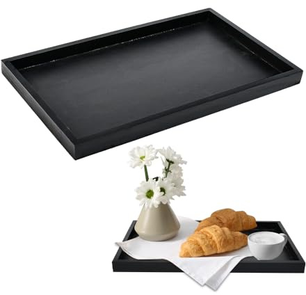 Byfoyif Serviertablett Holz, 32x20x2cm Tablett Schwarz Holztablett Rechteckig Küchentablett Dekotablett Holzteller Servierplatte Tablettspender Käsebrett Serving Tray für Käse Dessert Kerzen