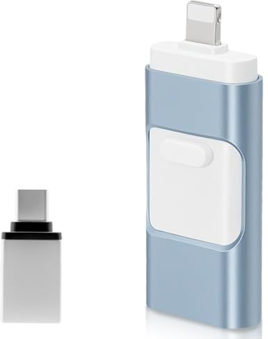 Glitfix Clé USB 128G, 4 en 1 Clé USB C Stick pour i-Phone/i-Pad/PC, Sauvegarder des Photos et des fichiers vidéo en Un clic avec iOS/Android/Type C/USB 3.0/OTG, (Blue)
