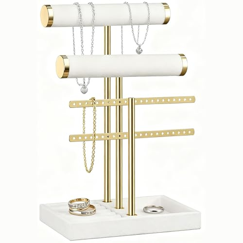 ULIKEUS 3 Tier Bracelet Holder Display Stand T Bar Velvet Jewelry Stand Storage Rack Jewelry Holder Organiser with Tray for Bracelets, Bangles, Necklace, Watches, Rings,White