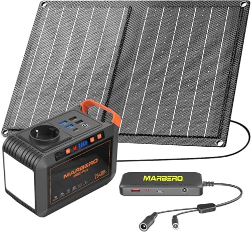 MARBERO Générateur Solaire 26.400mAh, Station de Charge Portable avec Panneau Solaire 21W et Connecteur pour Panneau Solaire Inclus, Banque d’Alimentation avec Prise AC 80W pour Pannes de Courant Dome