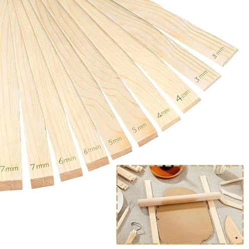 Set di 10 Guida per Mattarello in Legno per Ceramica e Argilla, per mattarello in Legno Righello, Bastoncini Guide per Mattarello 5 Dimensioni 3/4/5/6/7mm, per Lavorazione del Legno, Artigianato