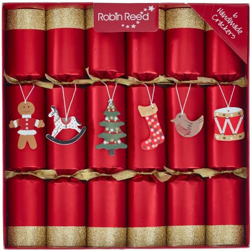 Robin Reed 6 x 12 inch Handmade Christmas Crackers Red foil with Toy Shop hanging trims and Piccadilly gifts