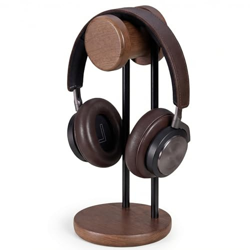Fenge Headphone Stand, Natural Solid Wood & Metal, Headset Stand Universal for Desk, Weighted Base with Storage, Headphone Holder for PC Gaming Headset Display, Office, Home (Brown)