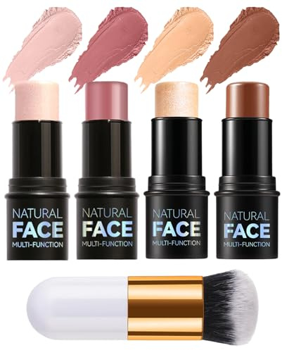 Rudfovn 5-Piece Cream Contour & Highlighter Stick Set – Waterproof Bronzer and Blush Makeup Sticks for Face, Long-Lasting Formula with Blending Brush for All Skin Types