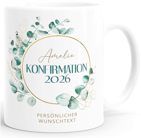 SpecialMe® Tasse Konfirmation 2026 Personalisiert Name Wunschtext – Keramik Becher Geschenk Mädchen Jungen – Eukalyptus Design 325 ml Weiss standard