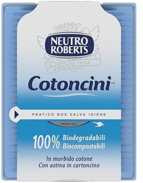 Neutro Roberts - Cotoncini con Box Salva Igiene - Cotton Fioc Morbidi e Biodegradabili con Astina in Cartoncino - Cotoncini con Camomilla, Ideali per Bambini - Confezione da 260 Pezzi